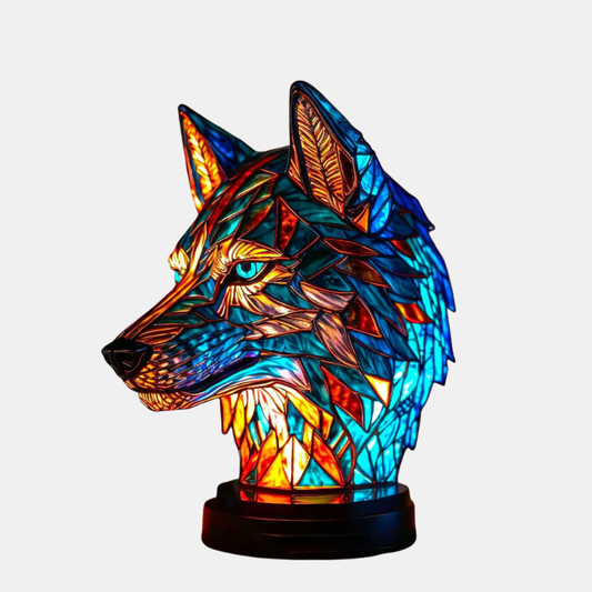 Lampe Décorative Tête de Loup en Verre Coloré Style Vitrail pour Maison Lamp Electro Paris Loup 15 cm