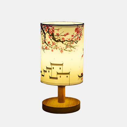Lampe de table colonne en tissu moderne avec base en bois et lumière LED Lampe Electro Paris Lumière chaude + interrupteur Prune rouge