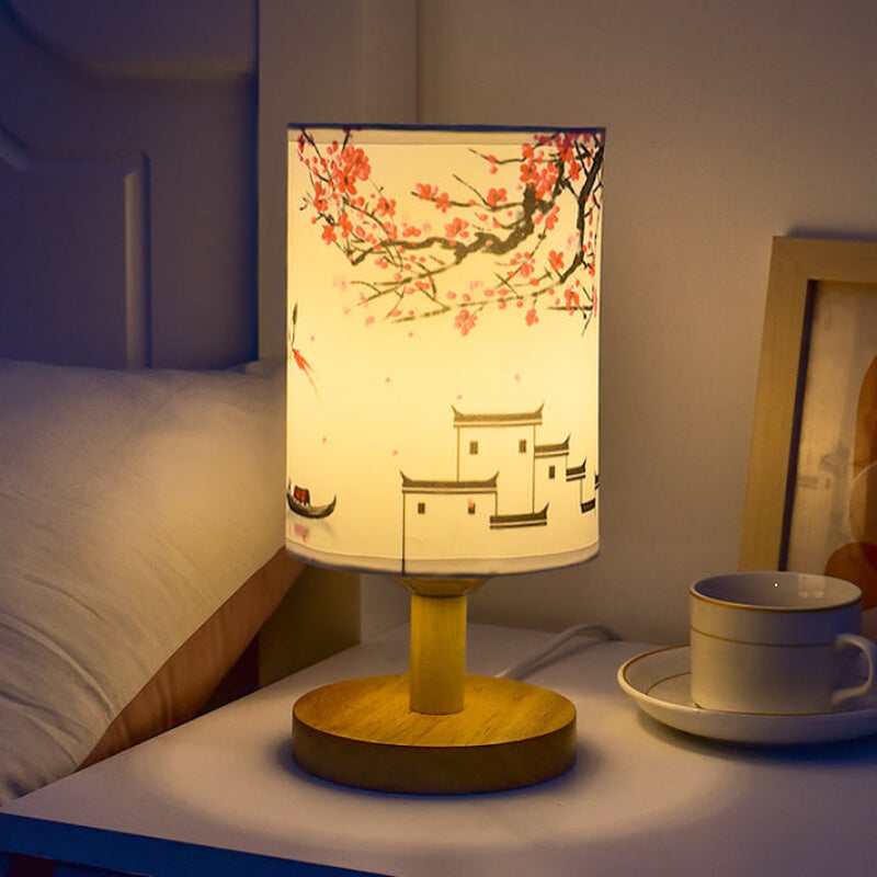 Lampe de table colonne en tissu moderne avec base en bois et lumière LED Lampe Electro Paris Lumière chaude + Réglable à l'infini Prune rouge