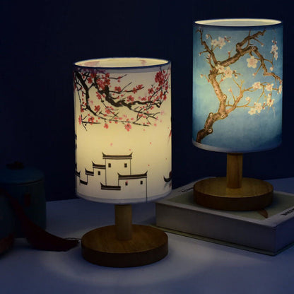 Lampe de table colonne en tissu moderne avec base en bois et lumière LED Lampe Electro Paris Trois couleurs + gradation à distance + temporisation Yulan