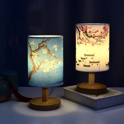 Lampe de table colonne en tissu moderne avec base en bois et lumière LED Lampe Electro Paris Trois couleurs + gradation à distance + temporisation Prune rouge