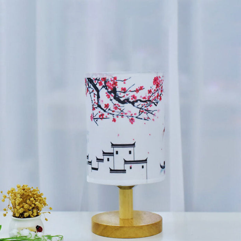 Lampe de table colonne en tissu moderne avec base en bois et lumière LED Lampe Electro Paris