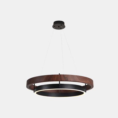 Lustre de plafond moderne avec double anneau et lumière LED douce Ceiling Lamp Electro Paris Dia 60cm x H 11cm Couleur noyer & Noir Lumière chaude