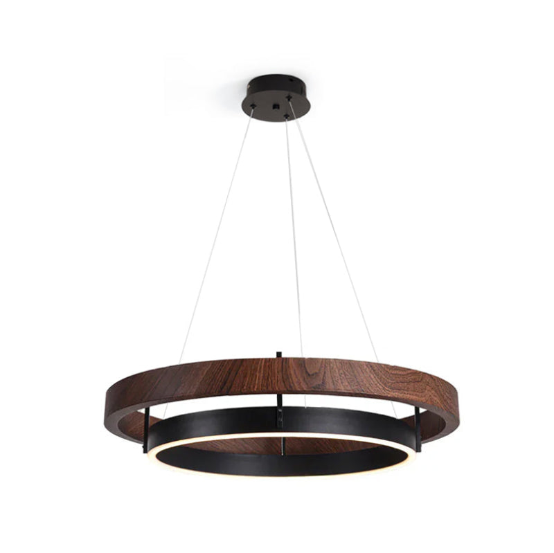 Lustre de plafond moderne avec double anneau et lumière LED douce Ceiling Lamp Electro Paris Dia 80cm x H 11cm Couleur noyer & Noir Lumière chaude
