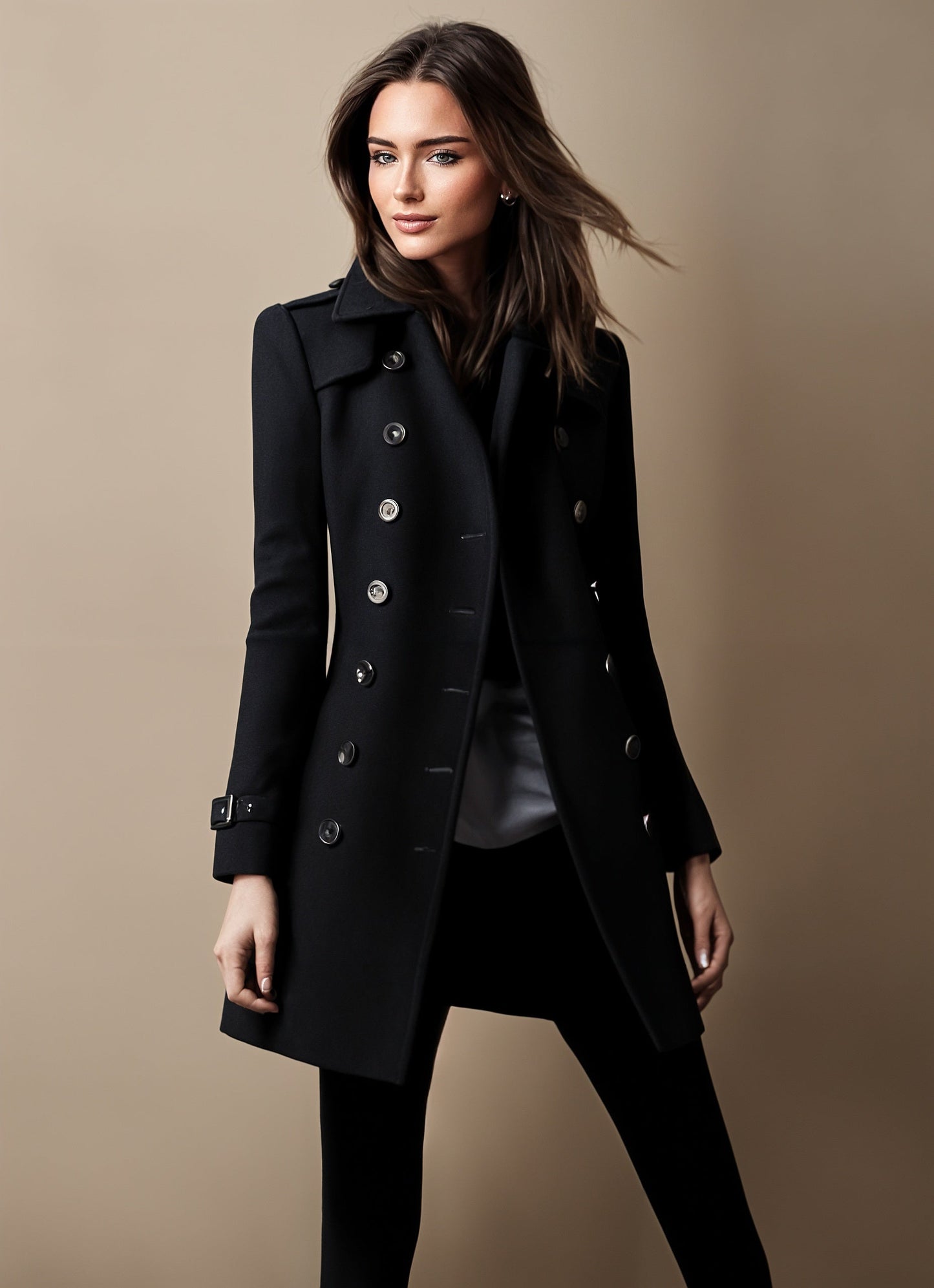 Manteau Hiver Femme Mi-Long avec Col à Revers et Boutons Décoratifs – Élégant et Confortable pour les Occasions Hivernales Manteaux et vestes pour femmes Electro Paris Noir S