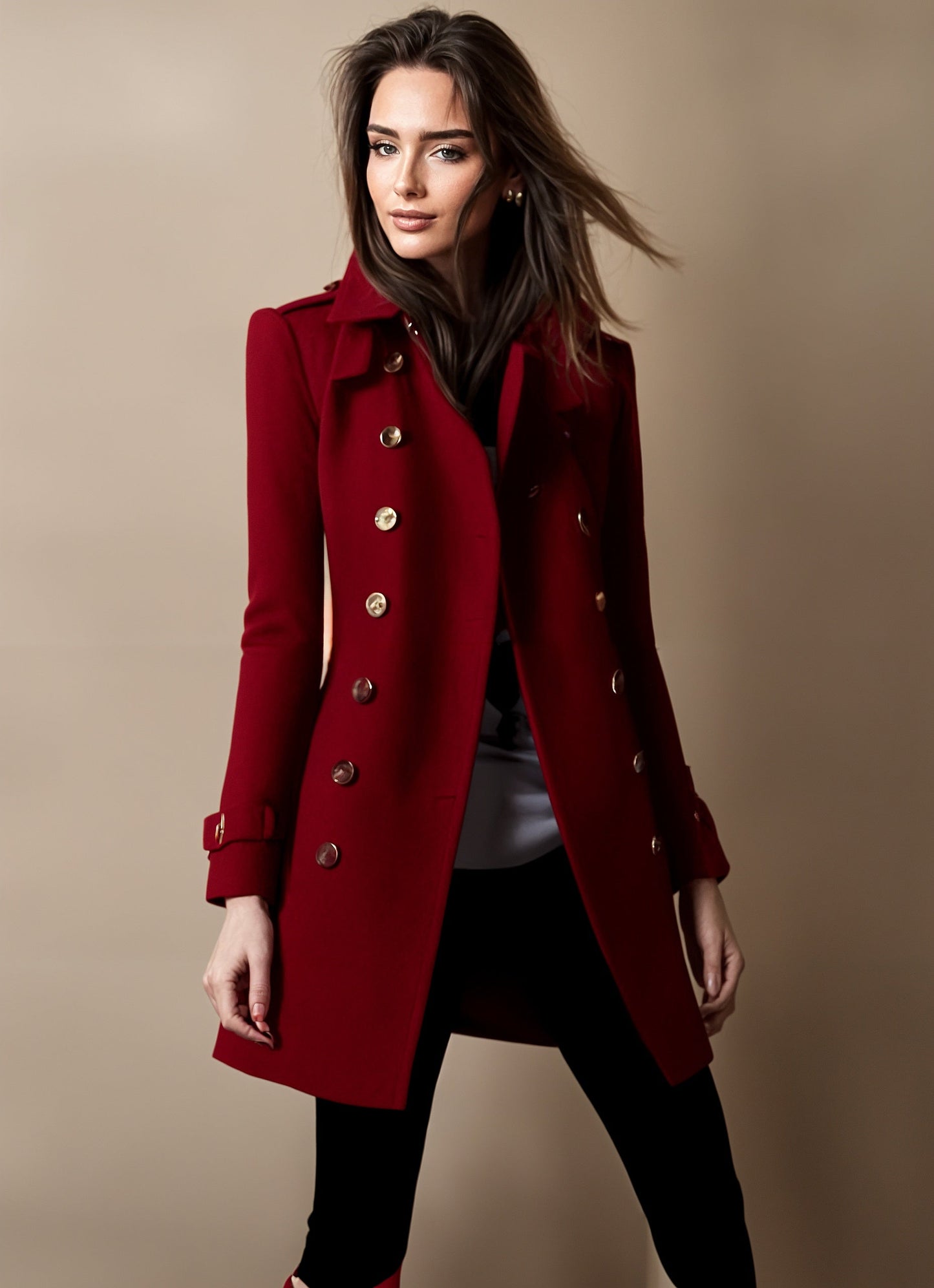 Manteau Hiver Femme Mi-Long avec Col à Revers et Boutons Décoratifs – Élégant et Confortable pour les Occasions Hivernales Manteaux et vestes pour femmes Electro Paris Rouge S