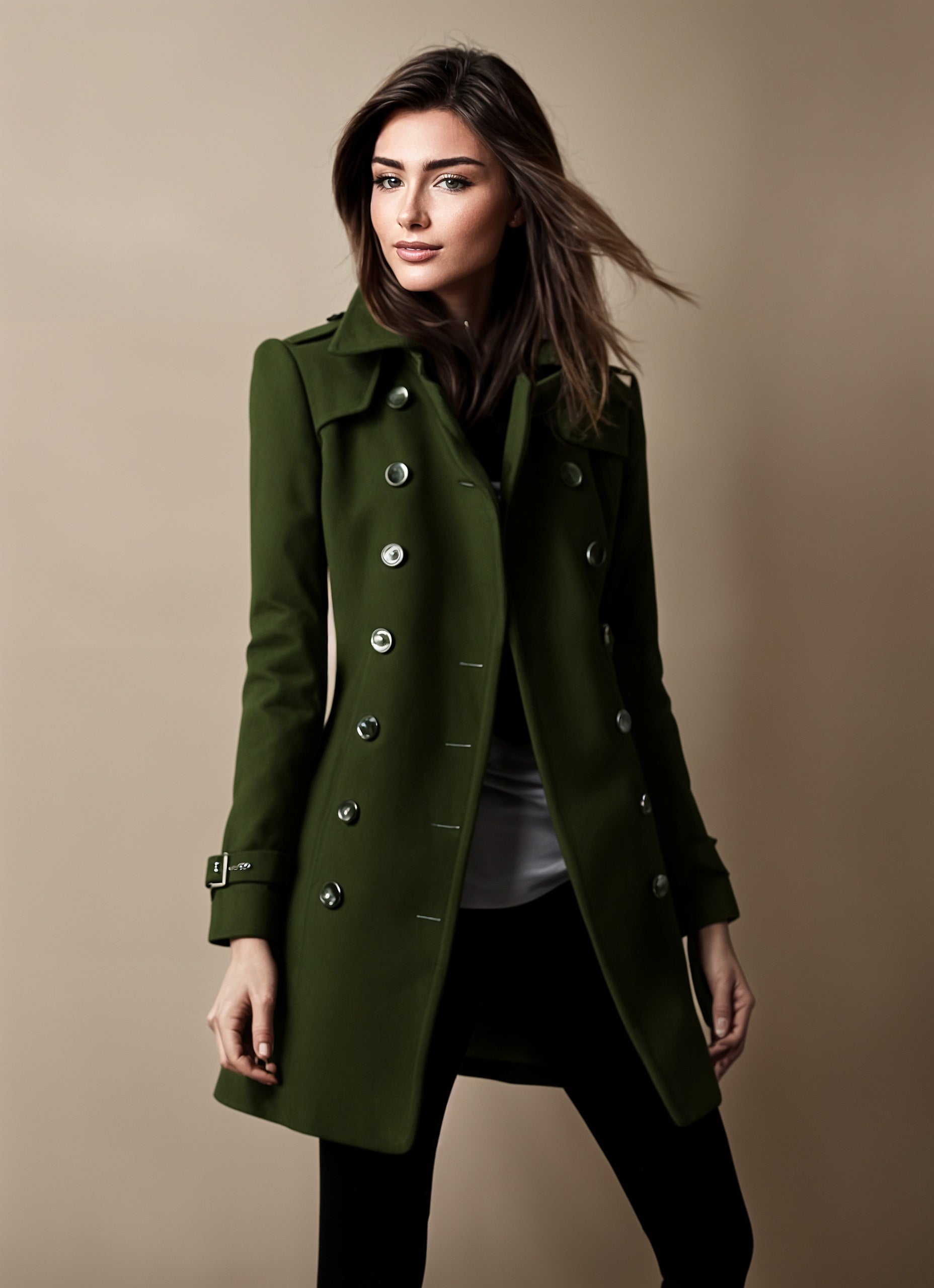 Manteau Hiver Femme Mi-Long avec Col à Revers et Boutons Décoratifs – Élégant et Confortable pour les Occasions Hivernales Manteaux et vestes pour femmes Electro Paris Vert S