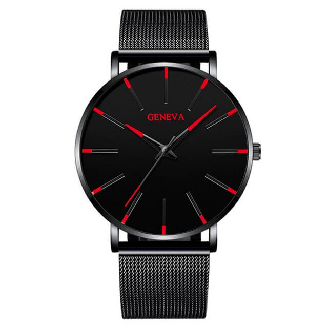 Montre d'Affaires Ultra-Fine pour Homme – Montre à Quartz Minimaliste avec Bracelet en Maille Montres Electro Paris Noir Rouge