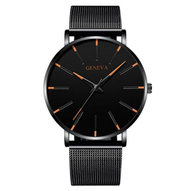 Montre d'Affaires Ultra-Fine pour Homme – Montre à Quartz Minimaliste avec Bracelet en Maille Montres Electro Paris Noir Orange