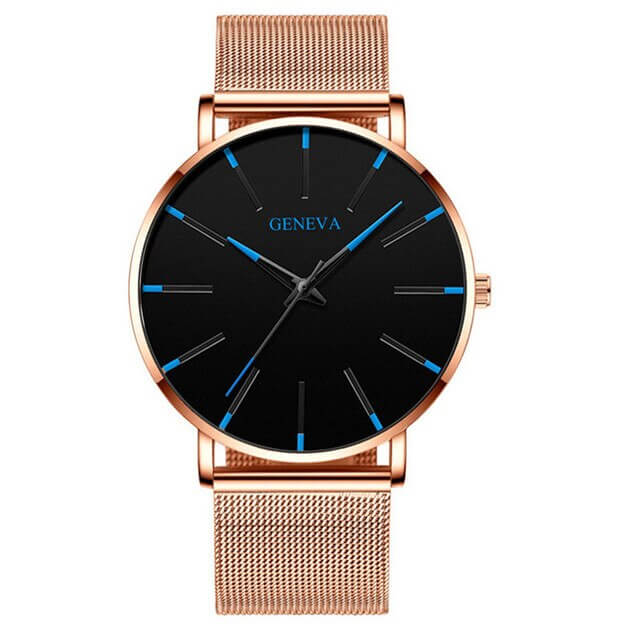 Montre d'Affaires Ultra-Fine pour Homme – Montre à Quartz Minimaliste avec Bracelet en Maille Montres Electro Paris Rose Bleu