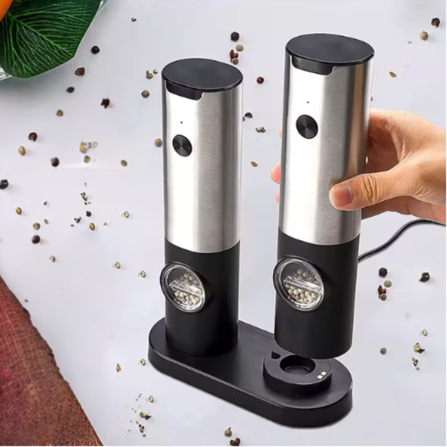 Moulins à Sel et Poivre Électriques Rechargeables **Oplaadbare Elektrische Zout- en Pepermolen Set Electro Paris Argent