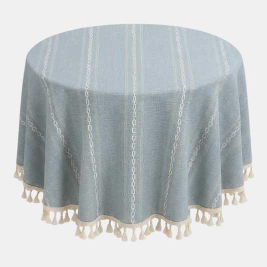 Nappe Ronde en Coton – Tissu Décoratif à Franges Linens & Bedding Electro Paris Bleu 90 cm