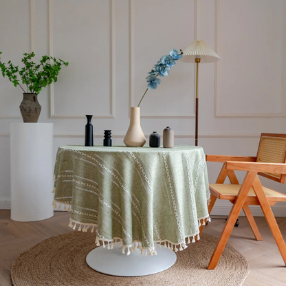 Nappe Ronde en Coton – Tissu Décoratif à Franges Linens & Bedding Electro Paris Vert 90 cm