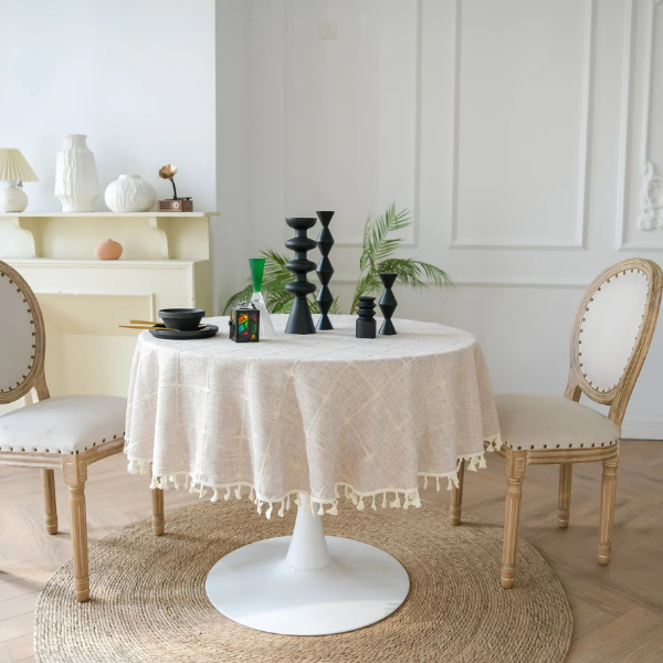 Nappe Ronde en Coton – Tissu Décoratif à Franges Linens & Bedding Electro Paris Beige 90 cm