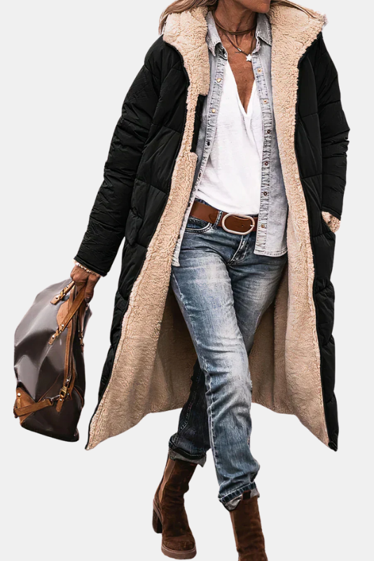 Parka Hiver Femme Réversible avec Capuche en Fausse Fourrure – Manteau Long Chaud et Élégant Manteaux et vestes pour femmes Electro Paris Noir XS