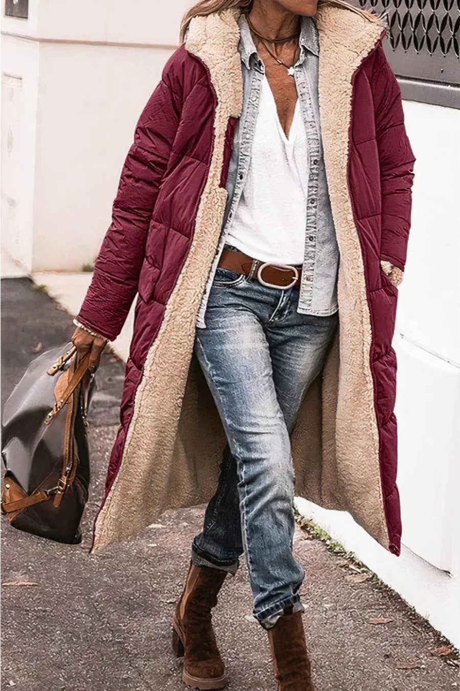 Parka Hiver Femme Réversible avec Capuche en Fausse Fourrure – Manteau Long Chaud et Élégant Manteaux et vestes pour femmes Electro Paris Vin rouge XS