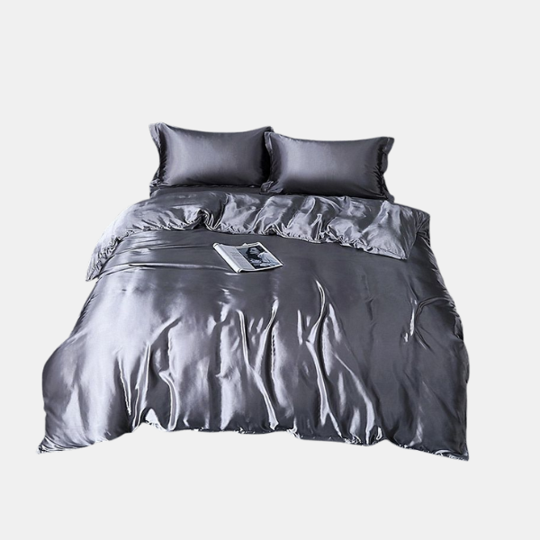 Parure de Lit 4 Pièces en Satin de Soie avec Housse de Couette et Drap-housse pour un Sommeil de Luxe Linge de lit Electro Paris Argent foncé Housse de matelas 150cm + Couette 200x 230cm + 2x taie d'oreiller