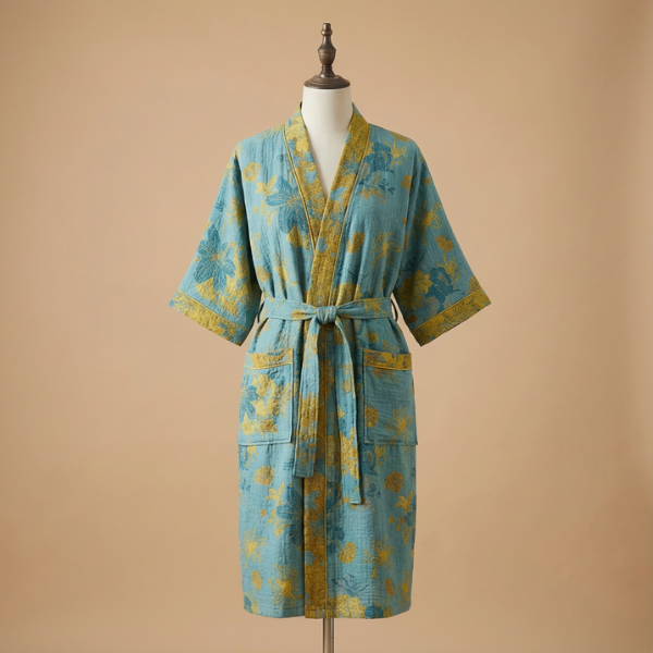 Peignoir Kimono Réversible – Coton Biologique Bathroom Accessories Electro Paris Turquoise S