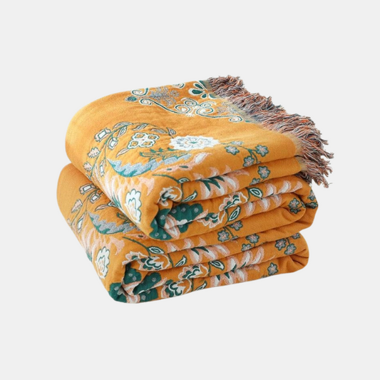 Plaid en Coton Tricoté Bohème à Franges – Jeté de Canapé Jacquard Réversible Linge de lit Electro Paris Jaune 150 cm x 200 cm