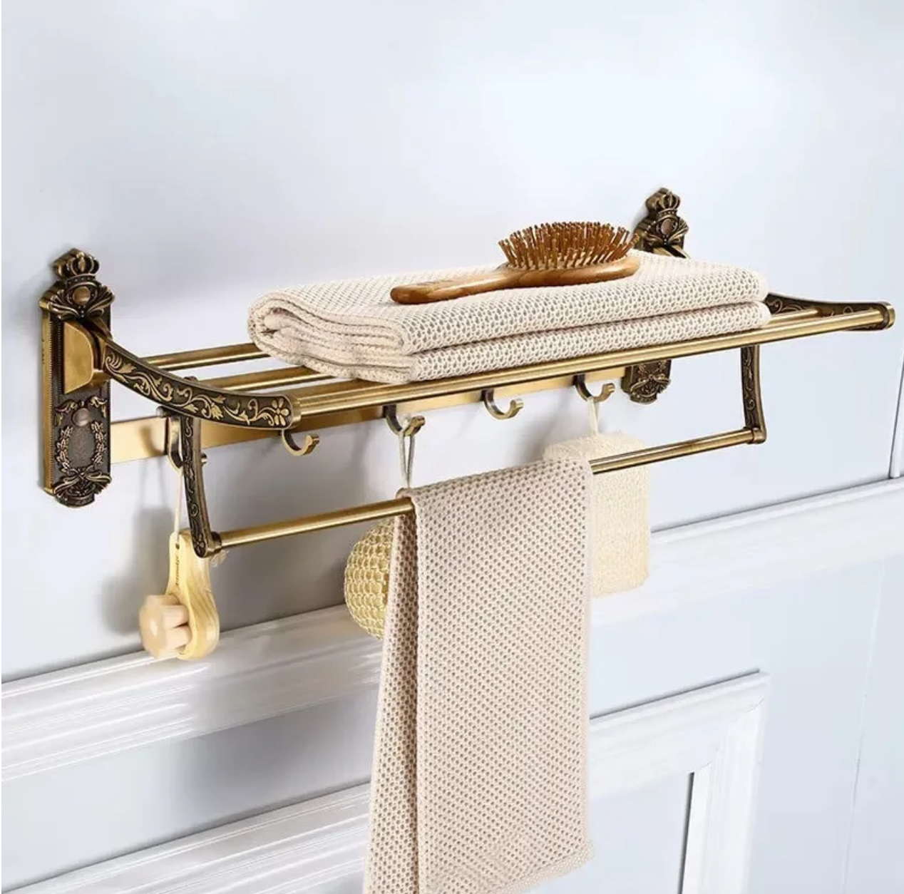 Porte-Serviettes Mural Pliable – Support en Laiton Antique avec Étagère et Crochets Supports et porte-serviettes Electro Paris Default