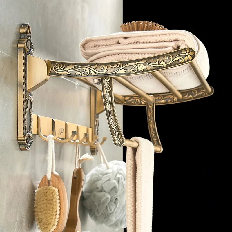 Porte-Serviettes Mural Pliable – Support en Laiton Antique avec Étagère et Crochets Supports et porte-serviettes Electro Paris