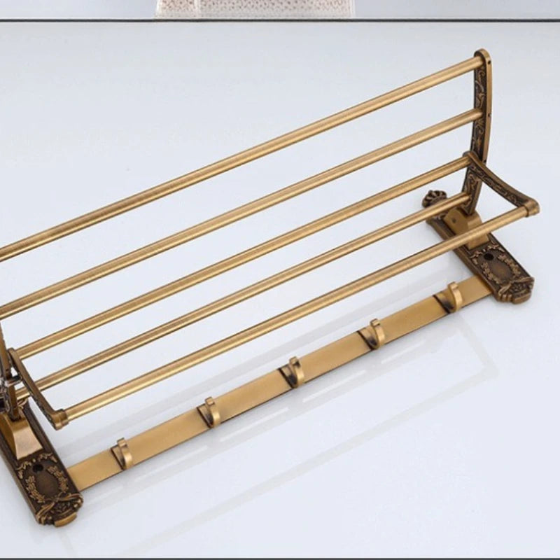 Porte-Serviettes Mural Pliable – Support en Laiton Antique avec Étagère et Crochets Supports et porte-serviettes Electro Paris