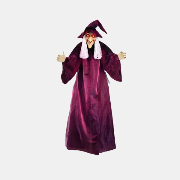 Poupée Sorcière Animée à Suspendre – Accessoire d'Halloween avec Yeux Brillants et Son Décorations d'Halloween Electro Paris 145cm violet