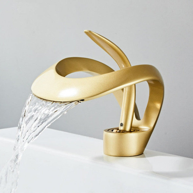 Robinet de Salle de Bain Moderne avec Bec Courbé – Mitigeur Monocommande en Laiton pour Lavabo Robinet de salle de bain Electro Paris Or brossé