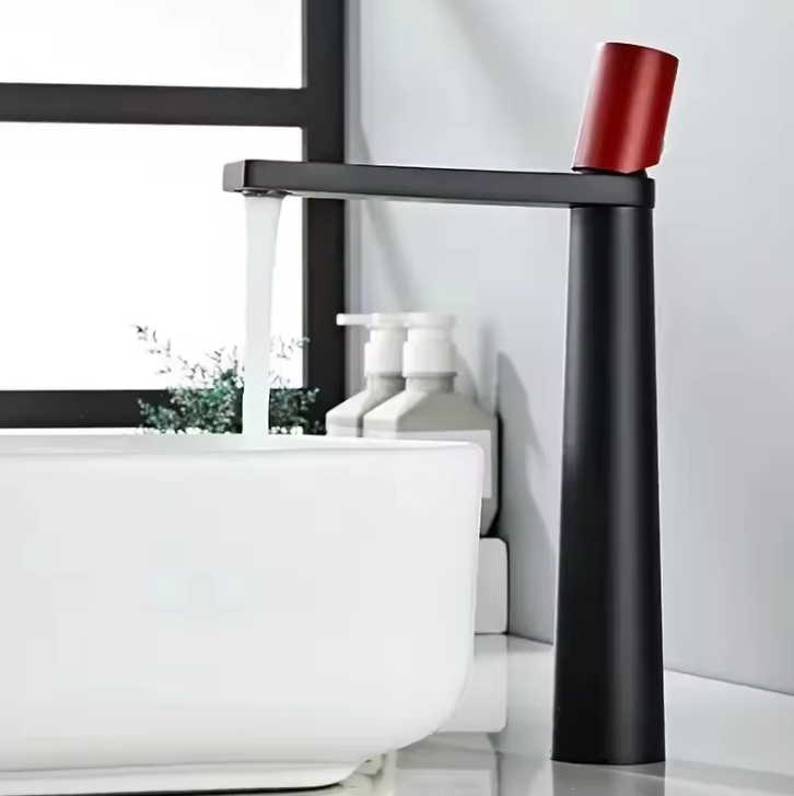 Robinet de Lavabo Moderne en Or Brossé – Mitigeur de Vasque en Laiton à Poignée Unique Robinetterie Electro Paris Noir Rouge Haut