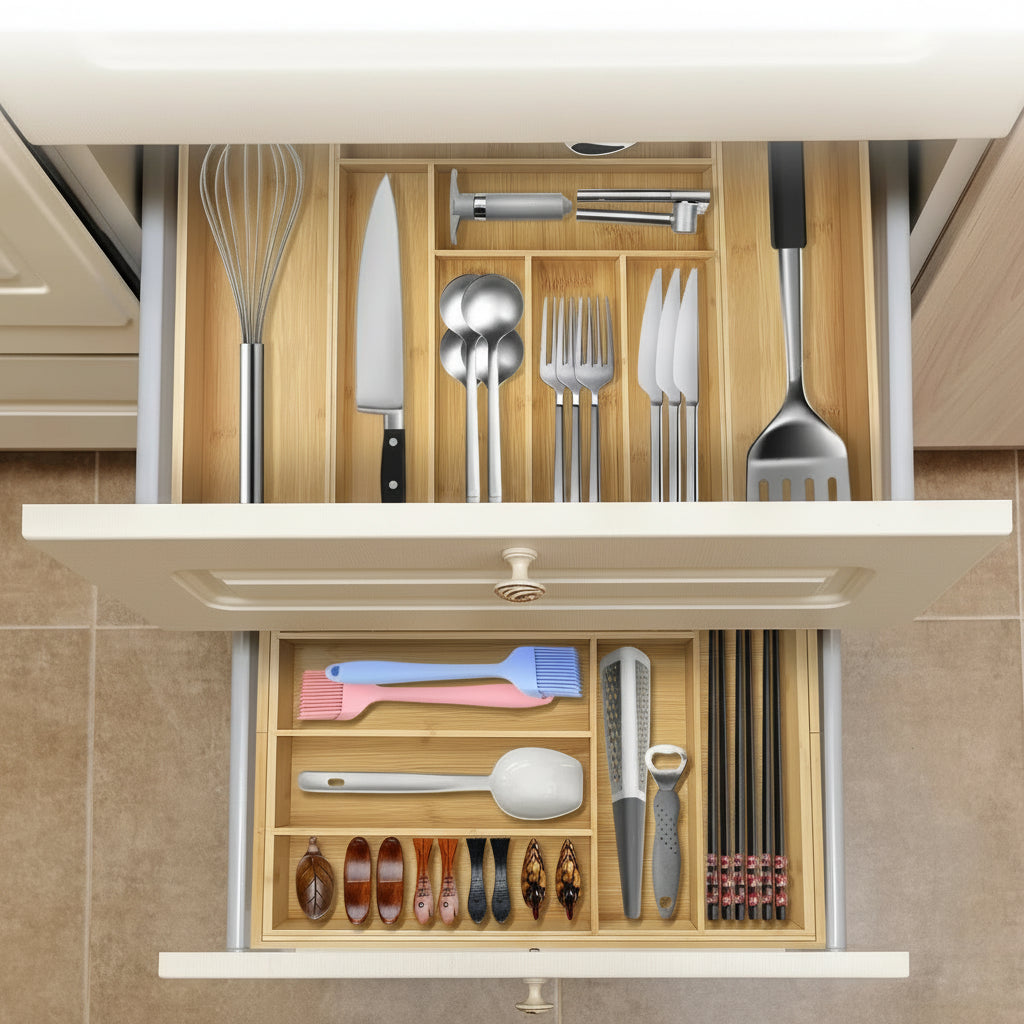 Organisateur De Couverts En Bambou Écologique Et Extensible Pour Tiroirs De Cuisine Multifonctionnel Flatware trays Electro Paris
