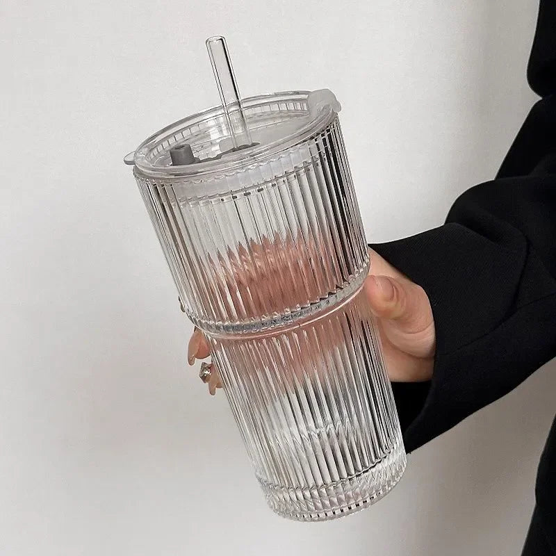 Gobelet À Emporter En Verre Côtelé Résistant À La Chaleur Avec Couvercle Et Paille tumbler Electro Paris