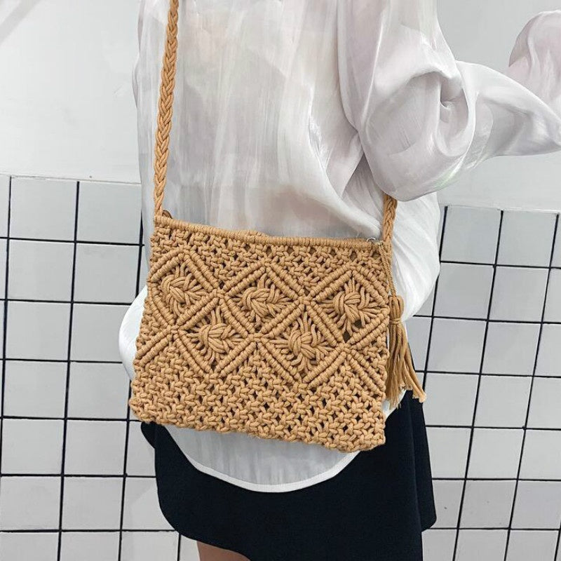 Sac à Bandoulière Tissé Élégant Femme, Style Boho en Beige et Marron Sacs à main Electro Paris