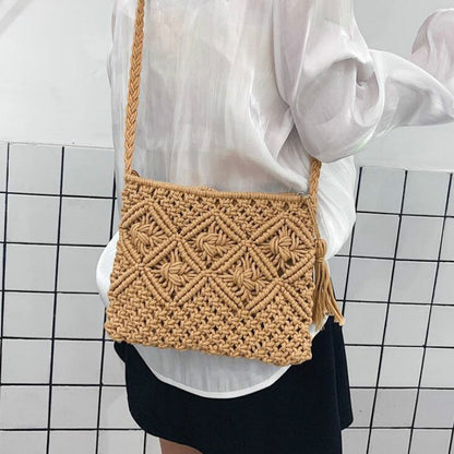Sac à Bandoulière Tissé Élégant Femme, Style Boho en Beige et Marron Sacs à main Electro Paris