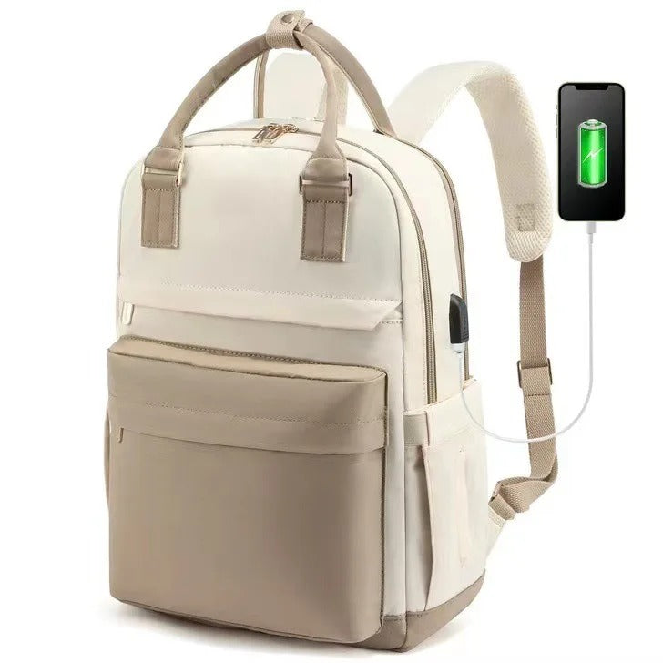 Sac à Dos pour Ordinateur Portable pour Femme avec Port USB – Sac d'École Élégant et Imperméable pour l'Université Sacs à dos Electro Paris kaki et beige 14"