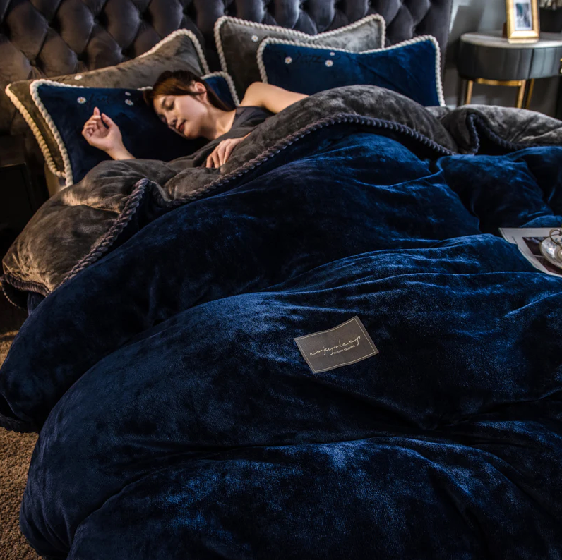 Parure De Lit En Velours Fin Pour Luxe, Confort Ultime Et Sommeil Réparateur Bedding Electro Paris Bleu marine et gris foncé Reine Ensemble de 4 pièces