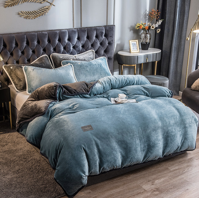 Parure De Lit En Velours Fin Pour Luxe, Confort Ultime Et Sommeil Réparateur Bedding Electro Paris Vert mer et gris foncé Reine Ensemble de 4 pièces