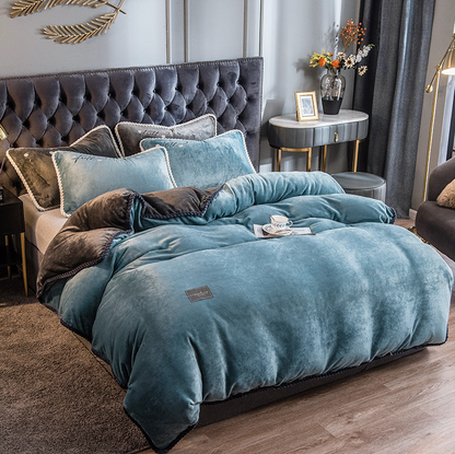 Parure De Lit En Velours Fin Pour Luxe, Confort Ultime Et Sommeil Réparateur Bedding Electro Paris Vert mer et gris foncé Reine Ensemble de 4 pièces