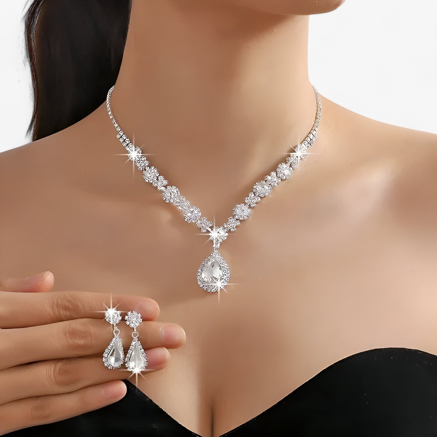 Set de Colliers Élégant Pour Mariage 2 Pièces Avec Pendentif Goutte Et Boucles d’Oreilles Jewelry Electro Paris Blanc