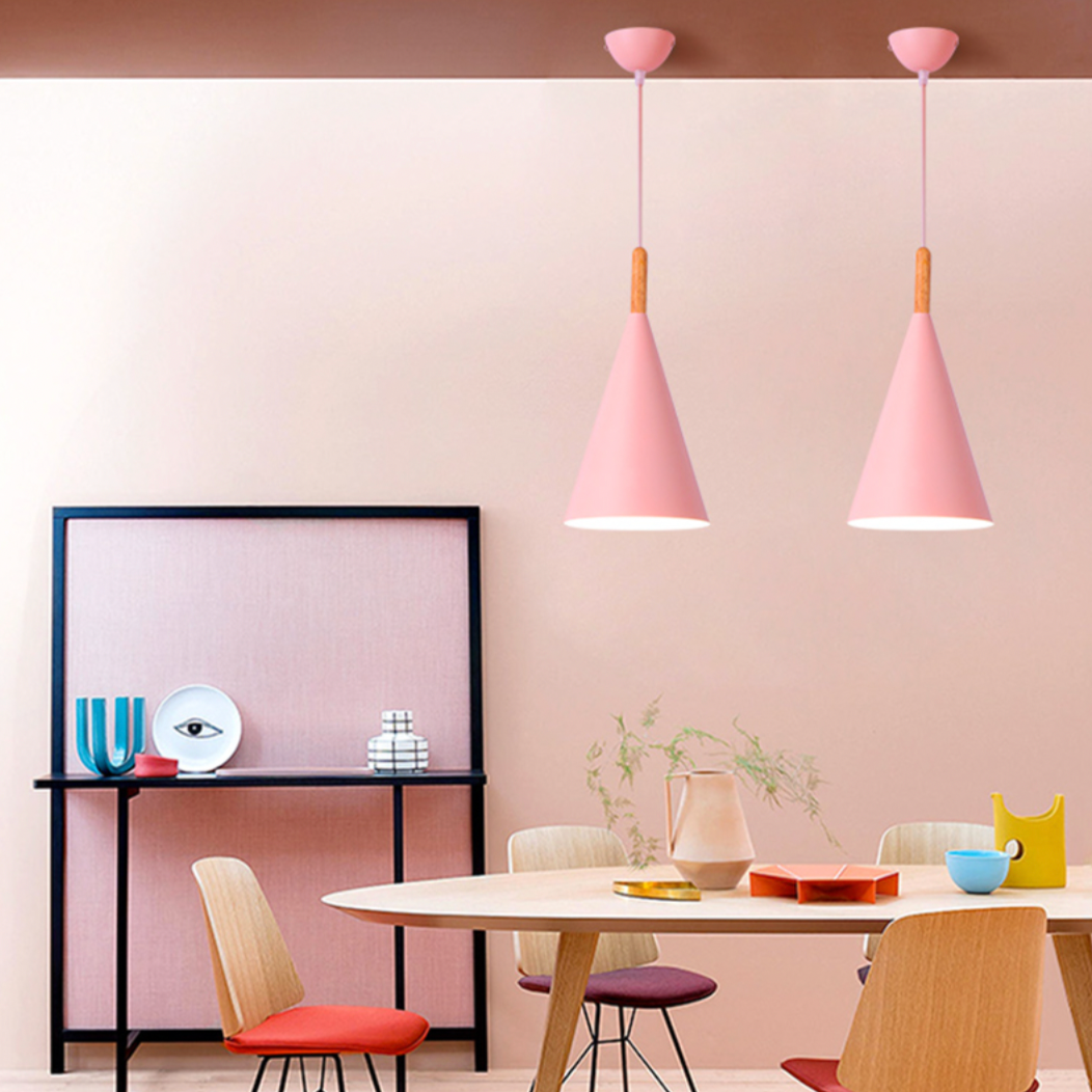 Suspension Conique Métal Coloré avec Tige en Bois – Éclairage pour Cuisine Éclairage Electro Paris Rose - S