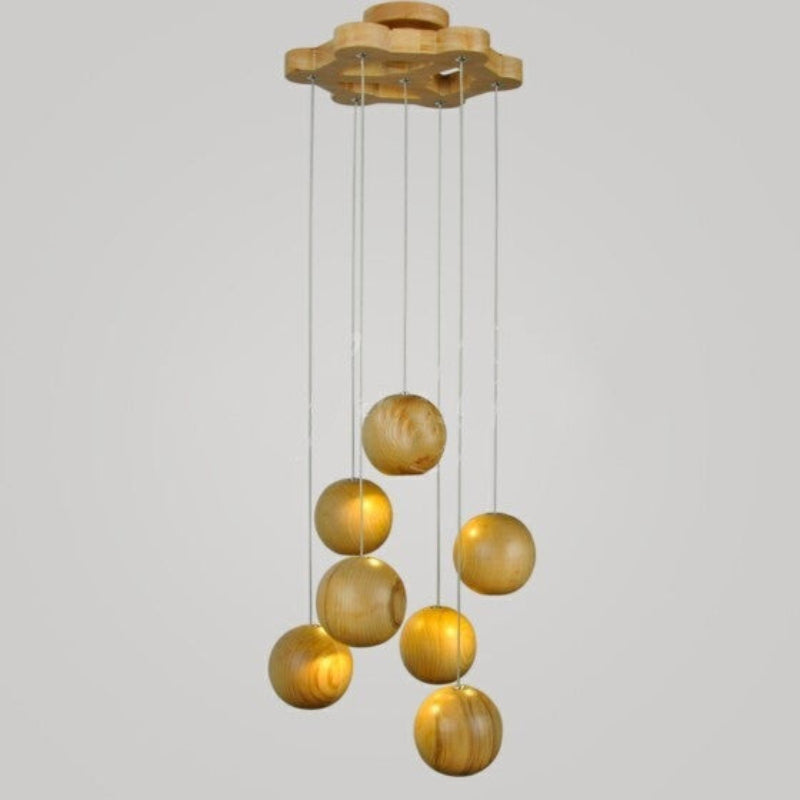 Suspension globe en bois naturel avec longueur de suspension réglable Ceiling Lamp Electro Paris 7 lumières