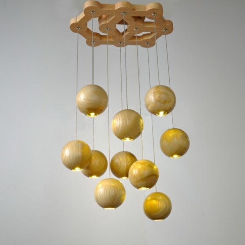 Suspension globe en bois naturel avec longueur de suspension réglable Ceiling Lamp Electro Paris 10 lumières