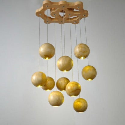 Suspension globe en bois naturel avec longueur de suspension réglable Ceiling Lamp Electro Paris 10 lumières