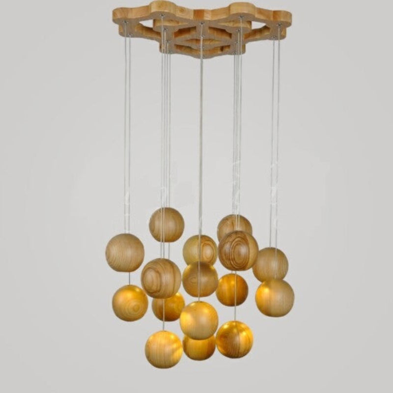Suspension globe en bois naturel avec longueur de suspension réglable Ceiling Lamp Electro Paris 16 lumières