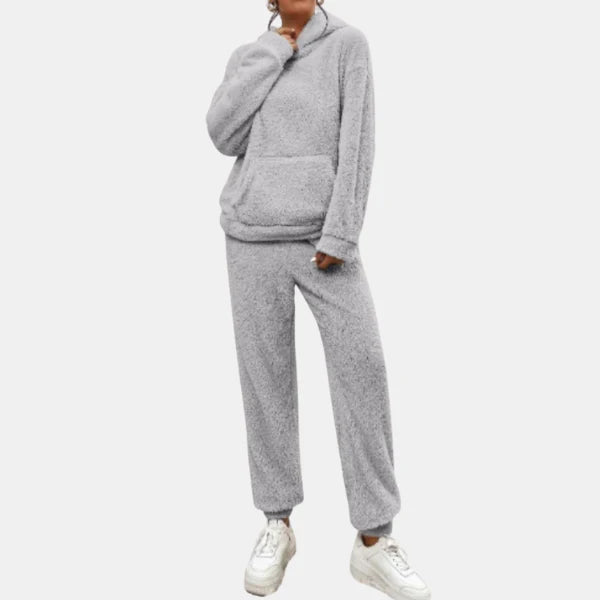 Ensemble de Tenue d’Intérieur en Molleton Teddy pour Femme – Hoodie Douillet et Pantalon pour un Confort Ultime Loungewear Set Electro Paris Gris XS