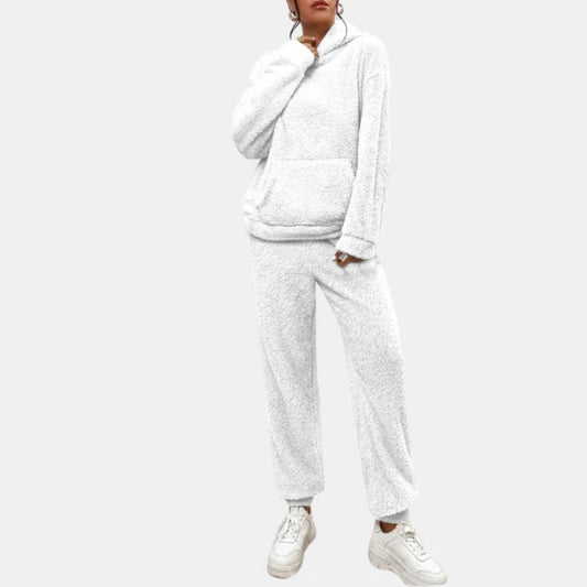Ensemble de Tenue d’Intérieur en Molleton Teddy pour Femme – Hoodie Douillet et Pantalon pour un Confort Ultime Loungewear Set Electro Paris Blanc XS