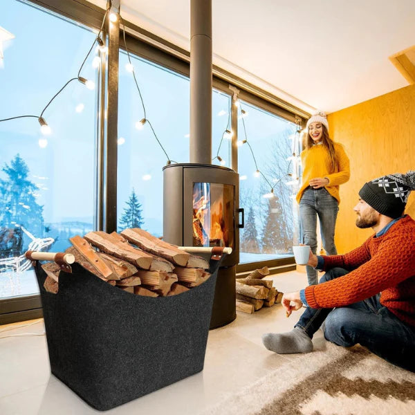 Panier à Bois Pliable – Poignée en Bois Élégante avec Accents en Cuir Home Electro Paris