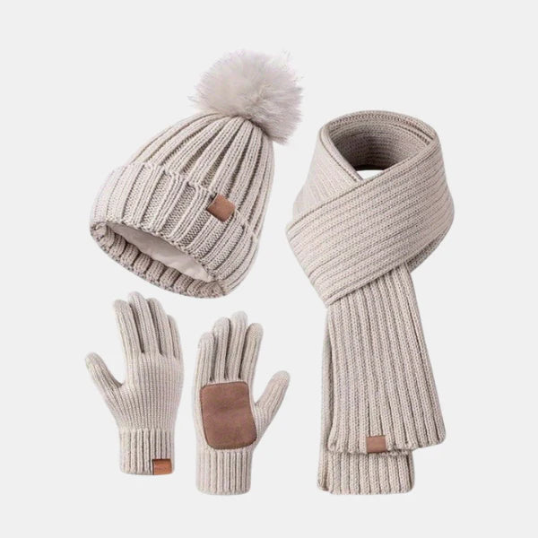 Ensemble Tricoté D’hiver 3-en-1 – Bonnet, Écharpe & Gants Tactiles Winter Accessories Set Electro Paris Beige