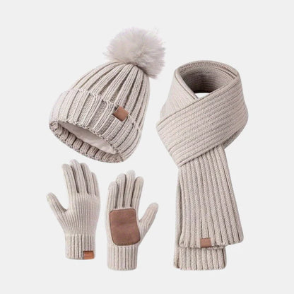 Ensemble Tricoté D’hiver 3-en-1 – Bonnet, Écharpe & Gants Tactiles Winter Accessories Set Electro Paris Beige
