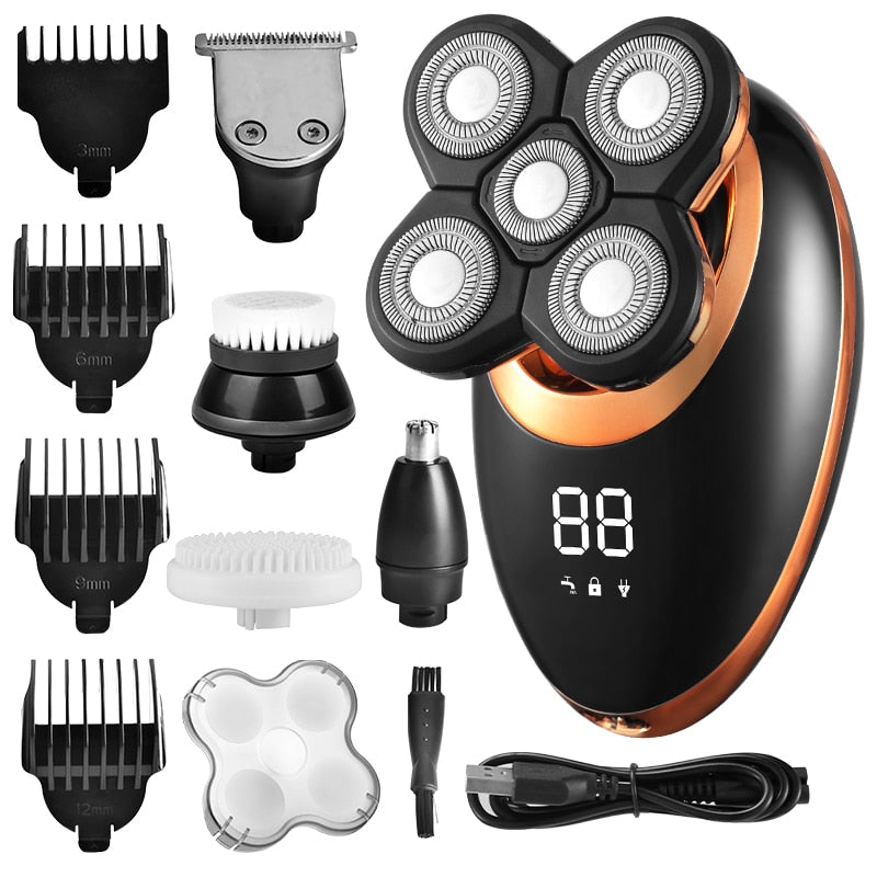 Rasoir Électrique – Tondeuse Sans Fil Étanche pour Hommes avec 5 Têtes Rotatives Outils de toilettage pour hommes Electro Paris Rasoir Bronze + accessoires supplémentaires