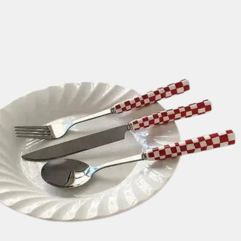 Ensemble de Couverts à Motifs – Service de Table en Inox Avec Manches à Carreaux Vaisselle Electro Paris Ensemble de couverts rouge